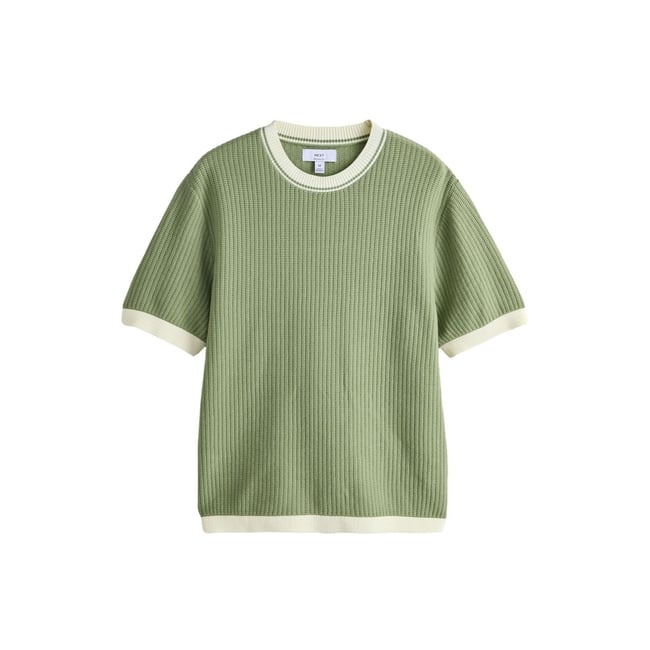 T-shirt à bords contrastés en maille de coton vert sauge <span itemprop=