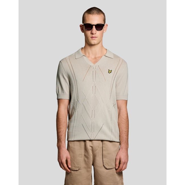 Polo col ouvert à losanges en maille blanc crique <span itemprop=