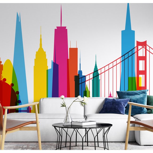 Papier peint panoramique avec gratte-ciels colorés - 425x260 cm (l x h) Couleur multicolore <span itemprop=