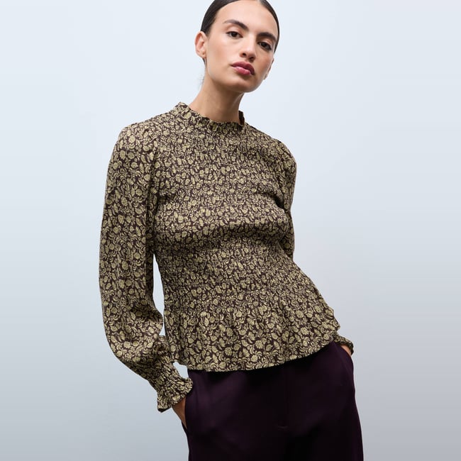 Top manches longues imprimé smocké arbre <span itemprop=