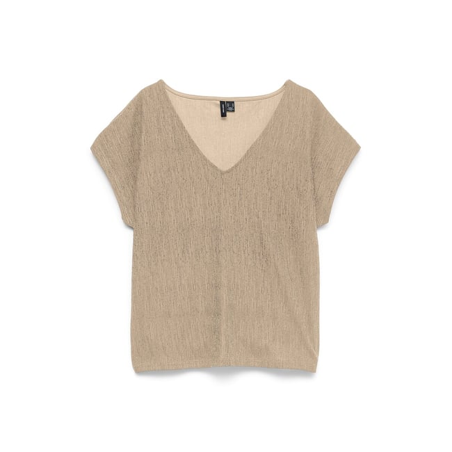 T-shirt manches courtes col en maille pailletée doré <span itemprop=