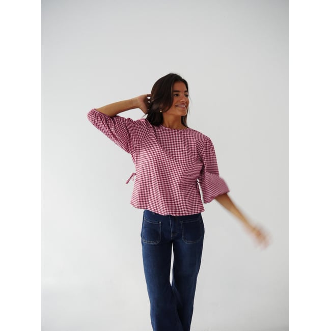 Blouse vichy manches bouffantes MIRELA bordeaux / blanc <span itemprop=