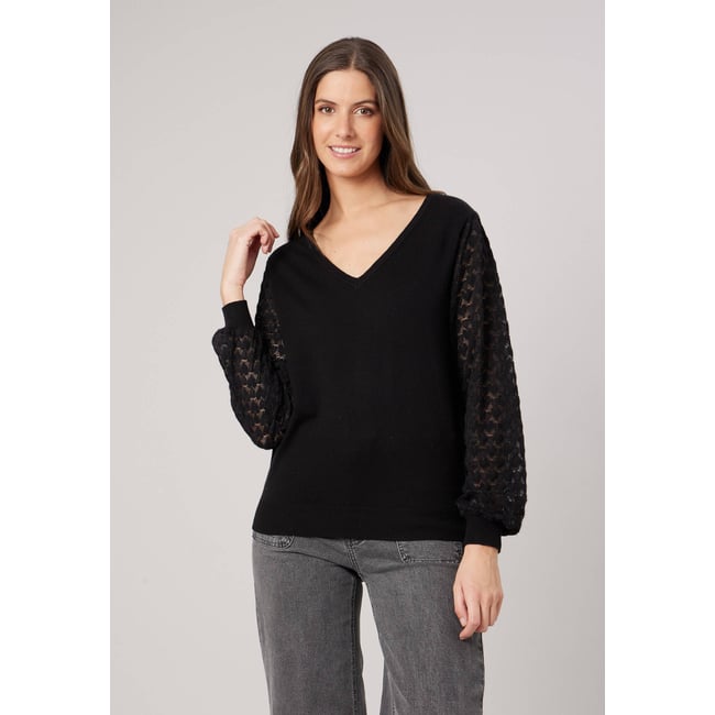 Pull femme col v manches ajourées AUDRINE - DEELUXE