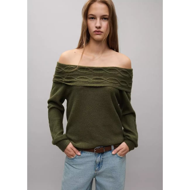 Pull-over épaules découvertes vert <span itemprop=