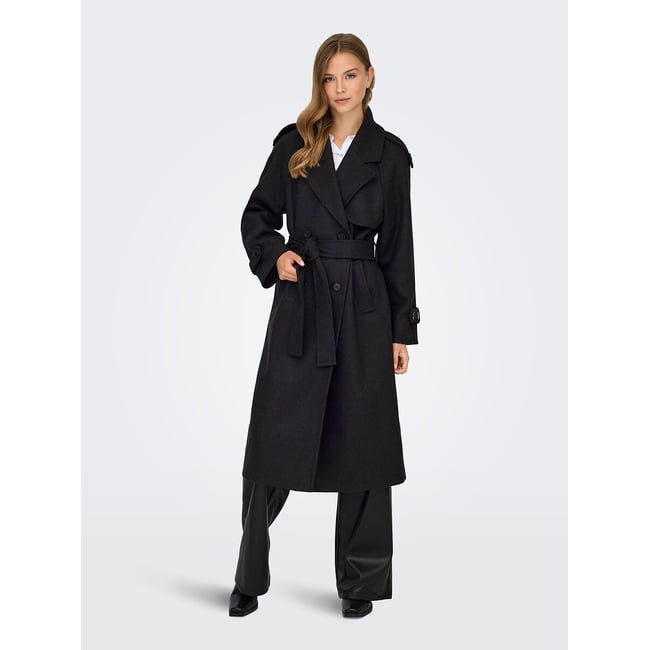 Manteau long ceinturé gris foncé <span itemprop=