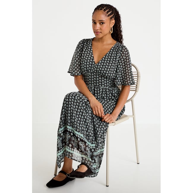 Robe longue évasée col v voile noir <span itemprop=