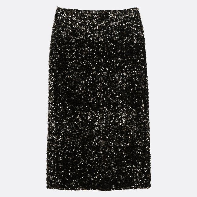 Jupe crayon midi, à sequins noir/mordoré <span itemprop=
