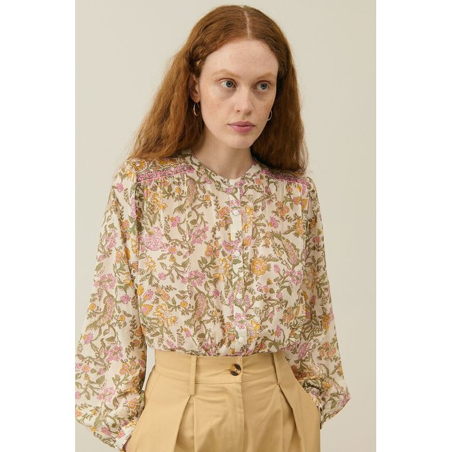 Camicetta stampata, collo rotondo, maniche lunghe, JEANNE fantasia beige/rosa LOUISE MISHA