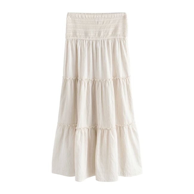 Jupe longue à volants et taille au crochet écru <span itemprop=