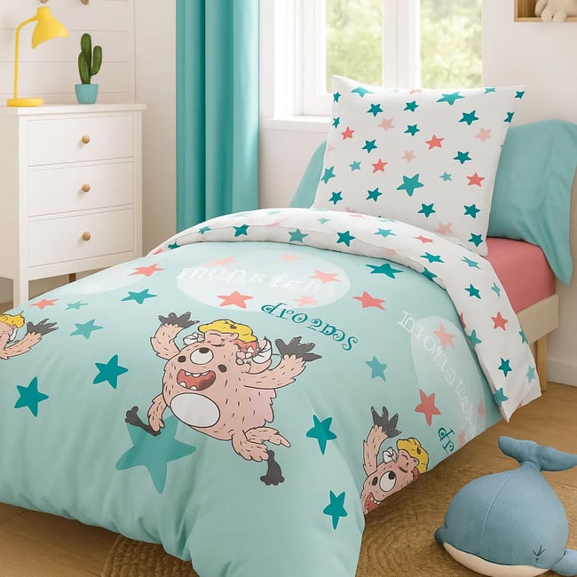 Parure de lit enfant coton, Monster Dream bleu clair <span itemprop=