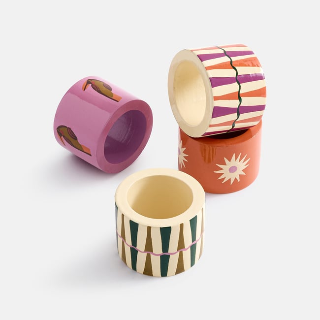 Lot de 4 ronds de serviette, en bois de manguier imprimé, FILASI Couleur multicolore <span itemprop=