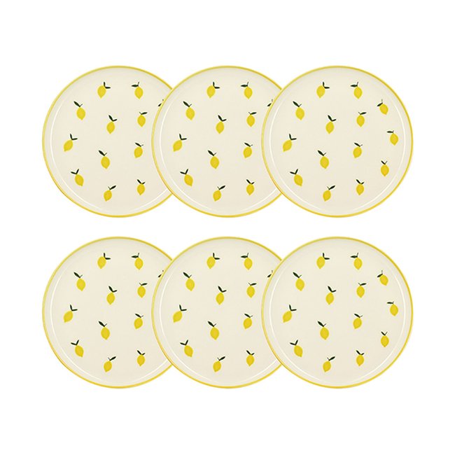 Lot de 6 assiettes plates 26cm en grès, CITRON Couleur beige et jaune <span itemprop=