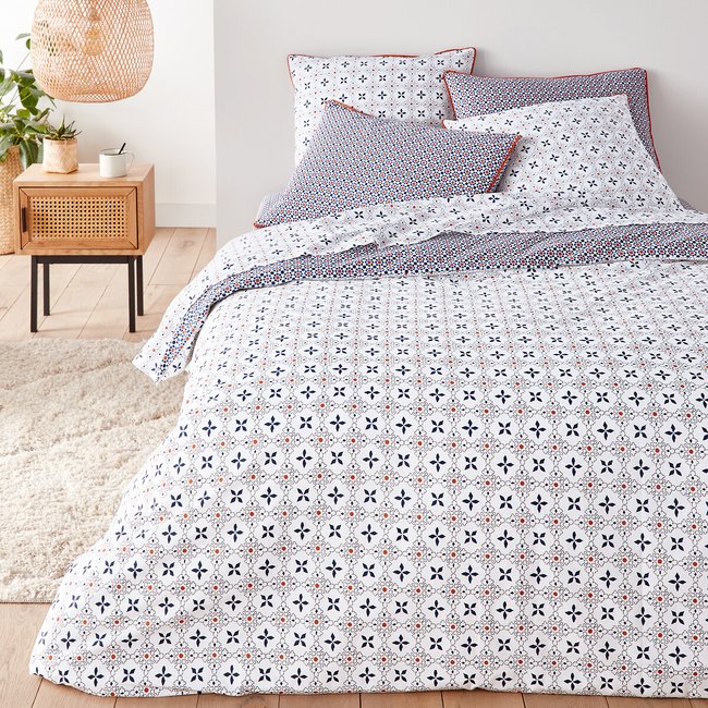 Housse de couette pur coton, Zehia blanc/bleu/orange <span itemprop=