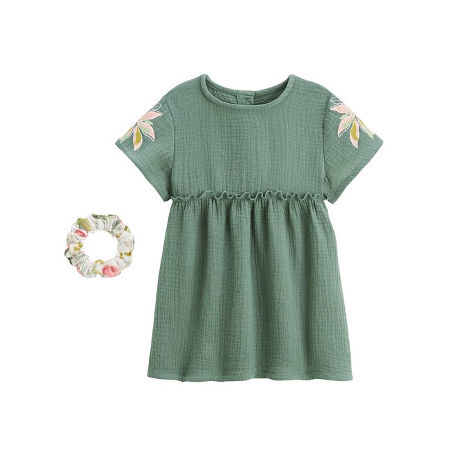 Robe enfant en gaze de coton + chouchou Pivoina kaki <span itemprop=