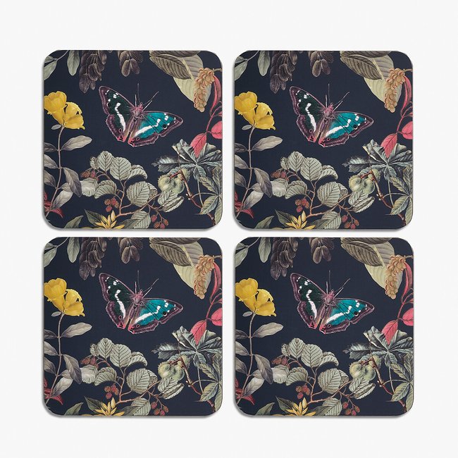 Set of 4 Midnight Floral Square Coasters, multi-coloured, KEW