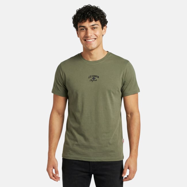T-shirt manches courtes imprimé, col rond vert kaki <span itemprop=