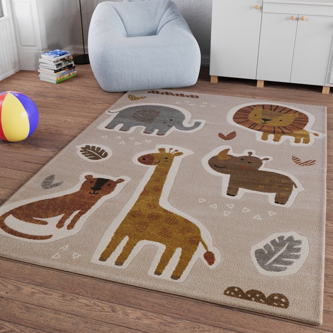 Tapis enfant motif animaux savane, avec relief , NALA & FRIENDS Couleur sable beige <span itemprop=