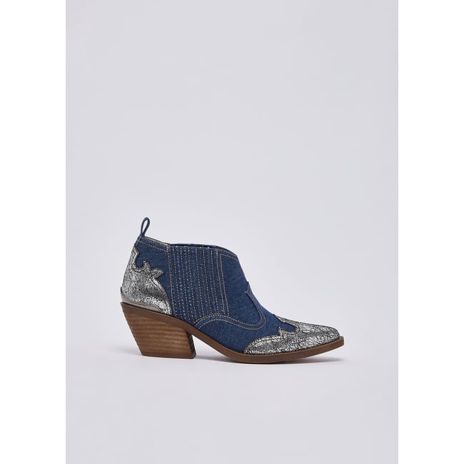 Bottines western en denim denim et argent <span itemprop=