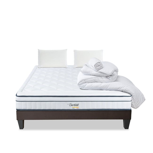 Pack Bartoldi 90x190 cm Matelas Ressorts + Sommier Bois + Accessoires Couleur blanc <span itemprop=