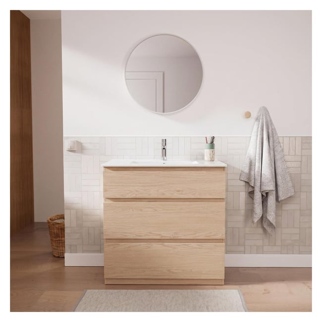 Meuble simple vasque 80cm - avec  plan vasque céramique SORRENTO Couleur décor chêne <span itemprop=