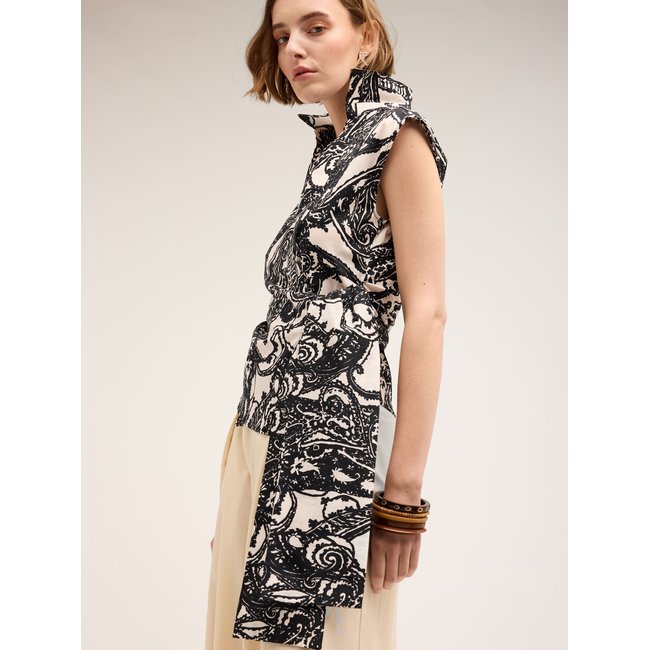Chemise sans manches en popeline de coton à imprimé cachemire noir <span itemprop=
