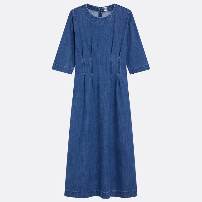 Robe longue en jean à manches 3/4 et col rond bleu stone <span itemprop=