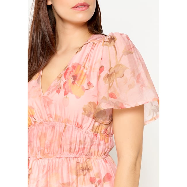 Robe midi fleurie rose clair <span itemprop=
