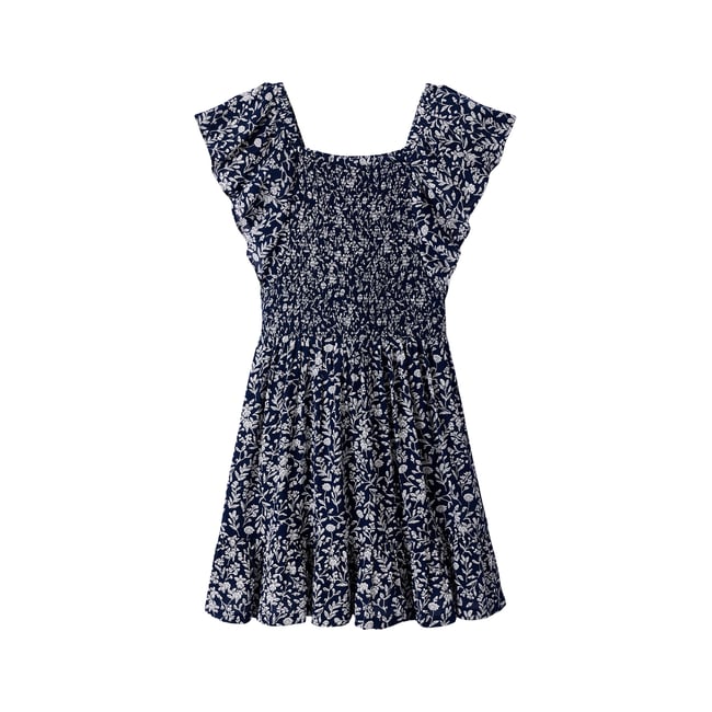 Robe smockée imprimée marine <span itemprop=