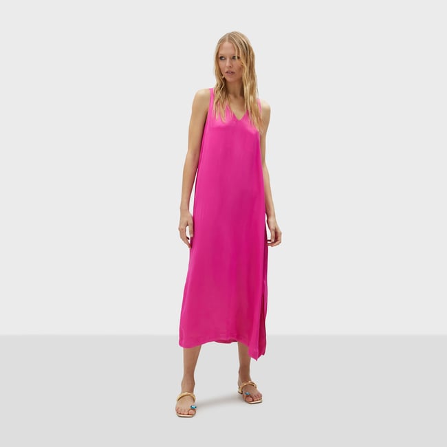 Robe longue sans manches en col V fushia <span itemprop=
