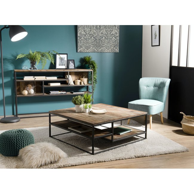 Table basse carrée 100cm 3 plateaux déstructurés bois et métal style industriel contemporain SWING Couleur bois naturel <span itemprop=