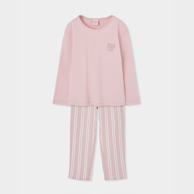 Pyjama en maille fille à rayures avec broderie pink <span itemprop=
