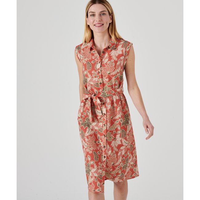 Robe mélange lin sans manches orange fleuri <span itemprop=