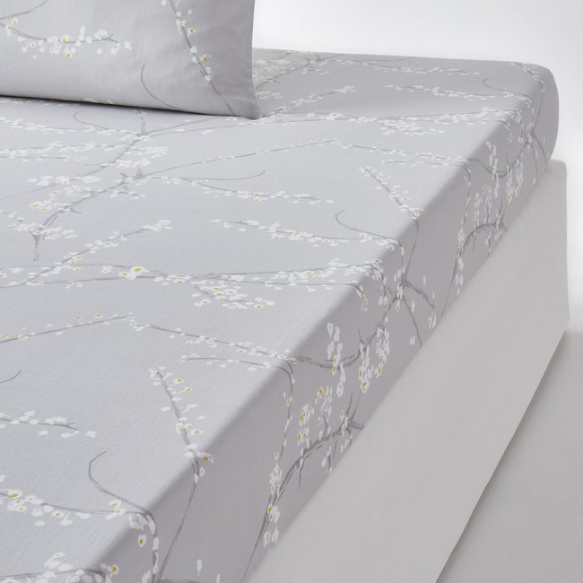 Spannbettlaken Natsumi, Baumwoll-Satin grau/weiss bedruckt <span itemprop=