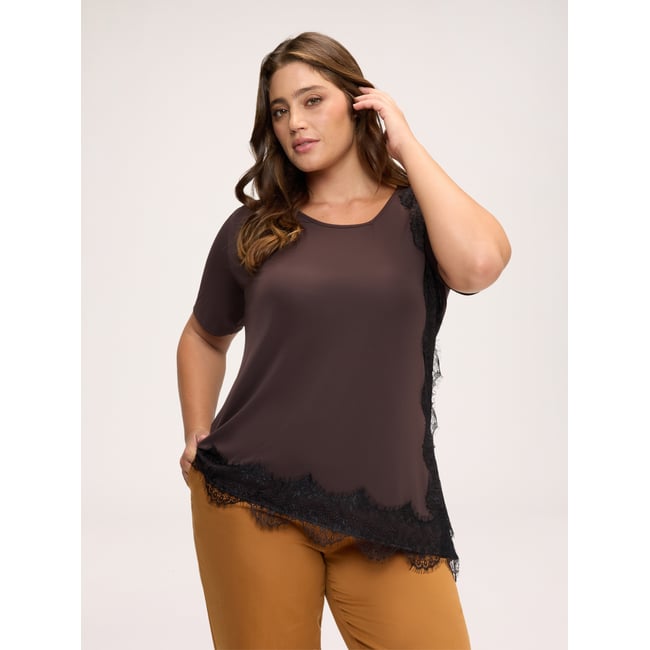 Haut asymétrique à bordure en dentelle marron <span itemprop=