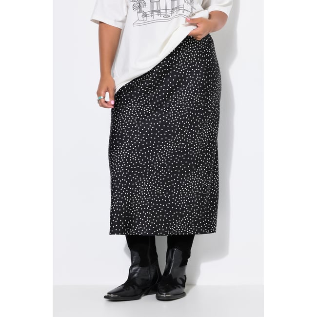 Jupe midi en satin, coupe trapèze, à pois noir <span itemprop=