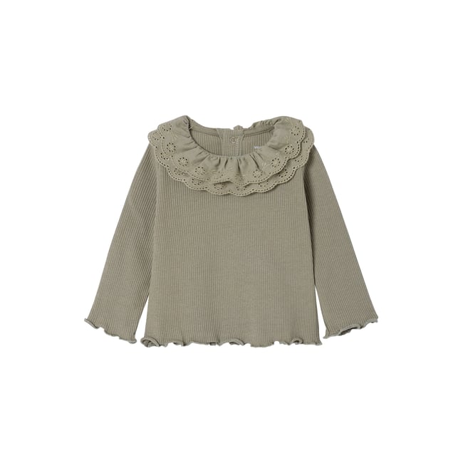 T-shirt bébé manches longues avec collerette brodée kaki <span itemprop=
