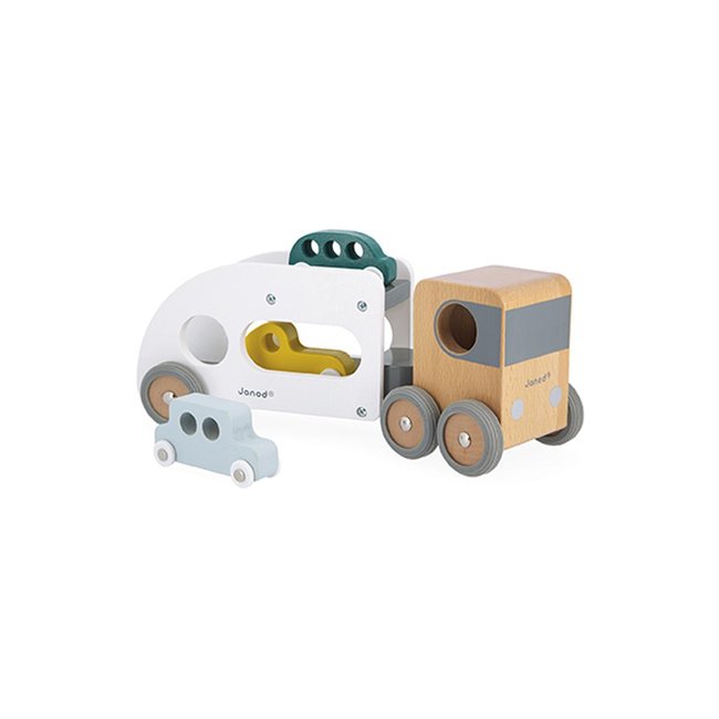 Camion porte-autos et ses 3 véhicules Bolid en bois beige, bleu, jaune <span itemprop=