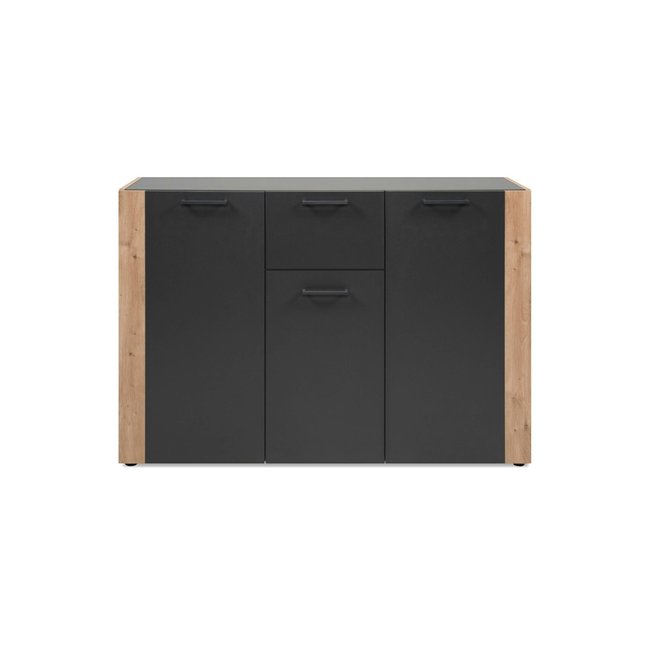 Buffet de rangement gris foncé 3 portes 1 tiroir ALVA Couleur bois naturel <span itemprop=
