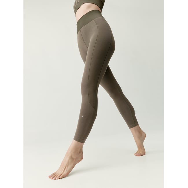 Legging de sport femme Nube taille haute effet gainant kaki/beige biscuit <span itemprop=