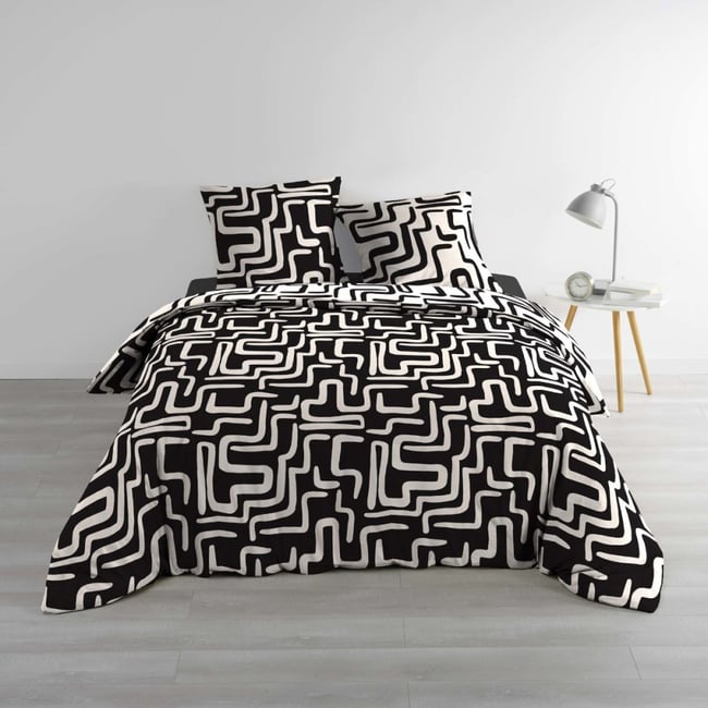 Housse de couette 100% coton finition pression + 2 taies d’oreiller noir <span itemprop=