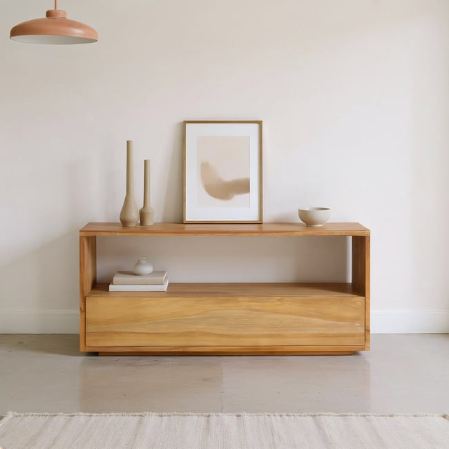 Meuble TV en teck massif 90 cm 1 tiroir  NIDO Couleur naturel <span itemprop=