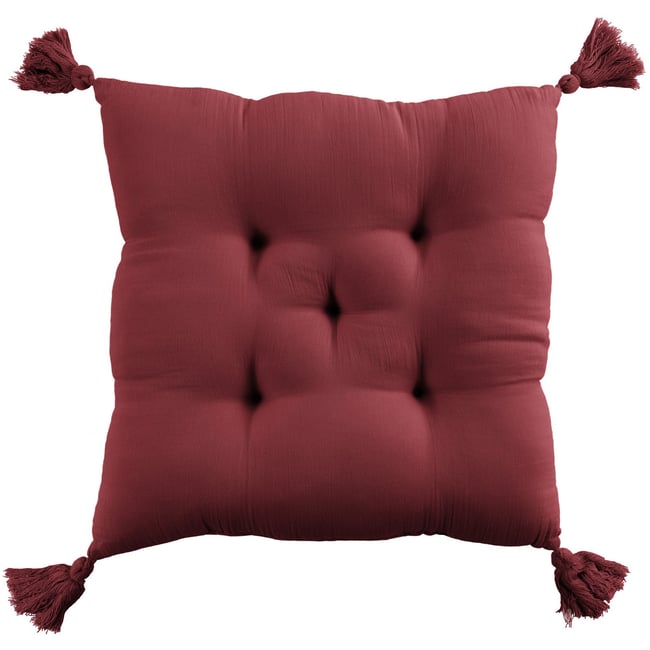 Coussin de chaise 40x40 cm Gaze de coton avec pompons Lie de vin lie de vin <span itemprop=