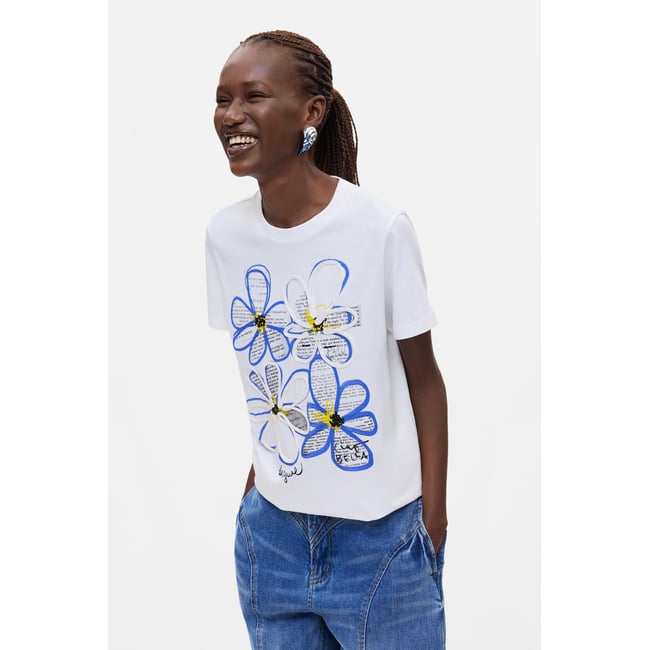 T-shirt imprimé 100 % coton blanc <span itemprop=