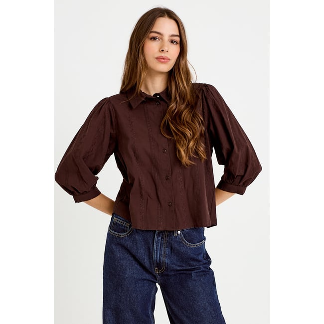Chemise droite col classique manches 3/4 marron foncé <span itemprop=