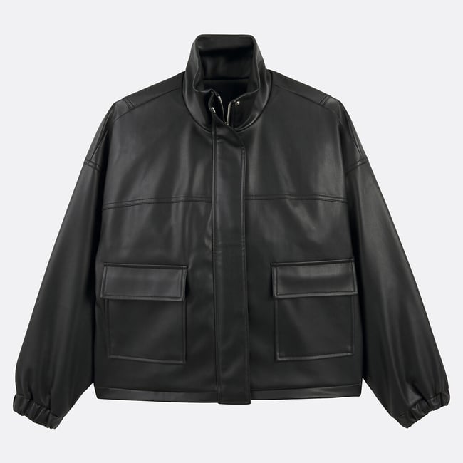 Blouson court en simili, fermeture zippée  noir <span itemprop=