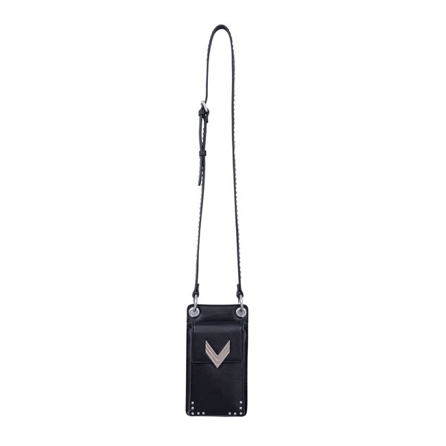 Phone bag 111 cuir bandoulière clous noir <span itemprop=