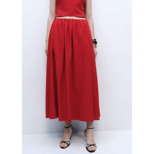 Jupe longue taille froncée rouge <span itemprop=