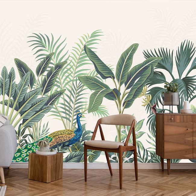 Papier peint panoramique paon et tropiques Couleur intissé <span itemprop=
