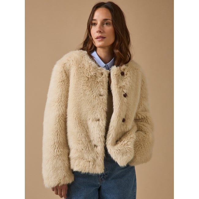 Manteau imitation fourrure ecru <span itemprop=