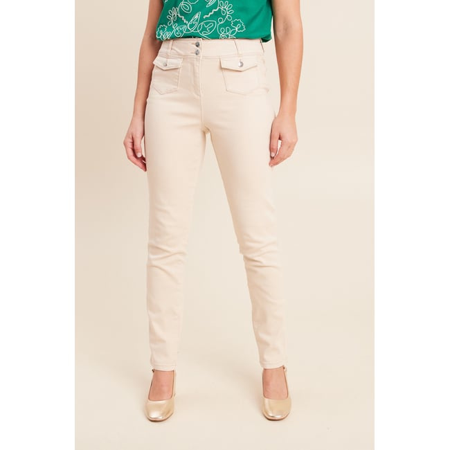 Jean ajusté taille haute longue beige claire <span itemprop=
